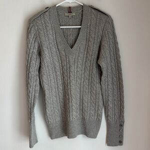 Burberry Women cable knit wool Gray V-Neck classic preppy Sweater medium EUC!